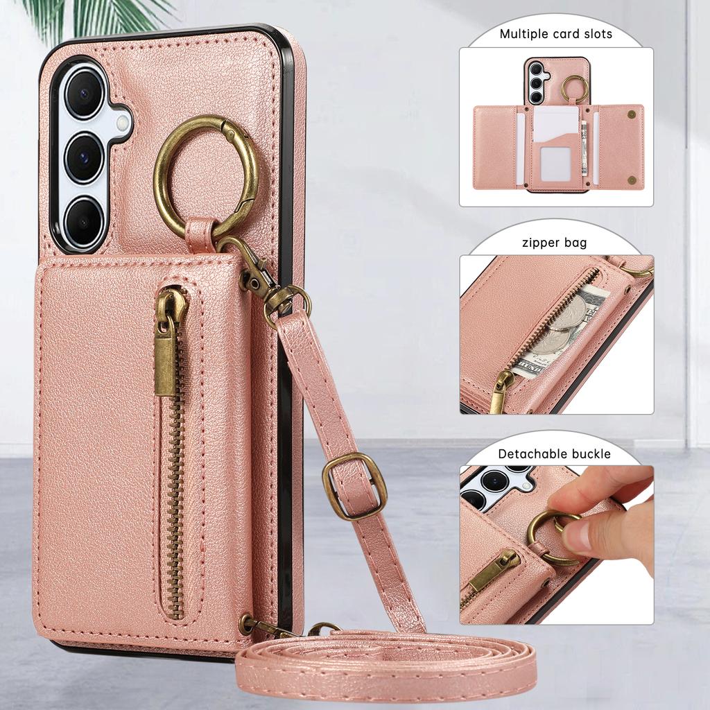For Samsung Galaxy S25+/S24+ Leather Back Cover Zipper Wallet Kickstand Phone Case with Shoulder Strap