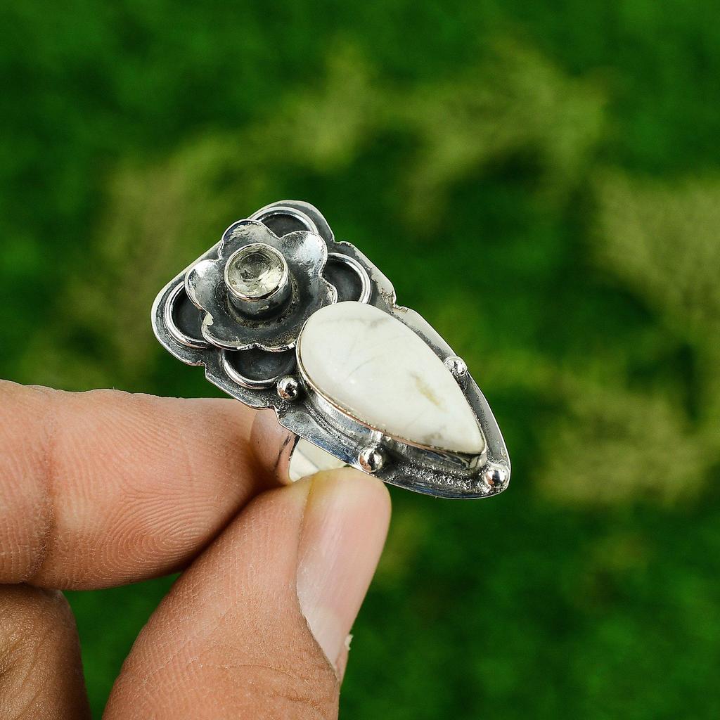 Birthday Gift For Her Natural Howlite Promise Flower Ring Size 6 925 Silver
