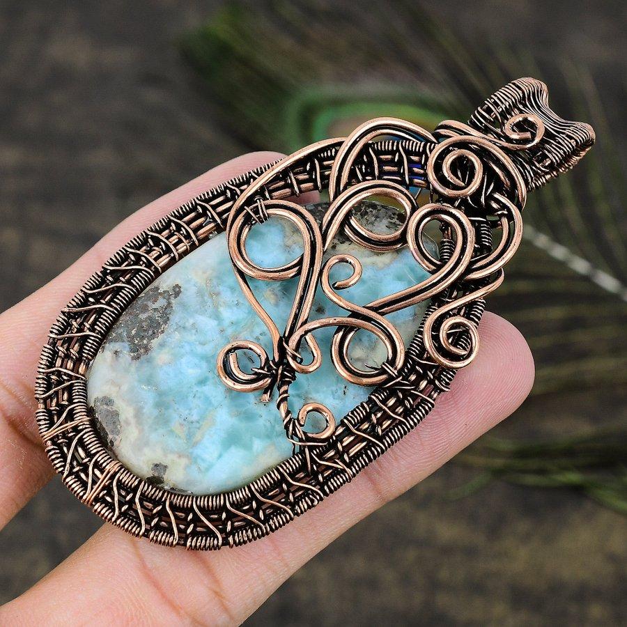 Натуральный карибский ларимар, драгоценный камень, оплетка из медной проволоки, подарочный кулон 3.43 a9Z97