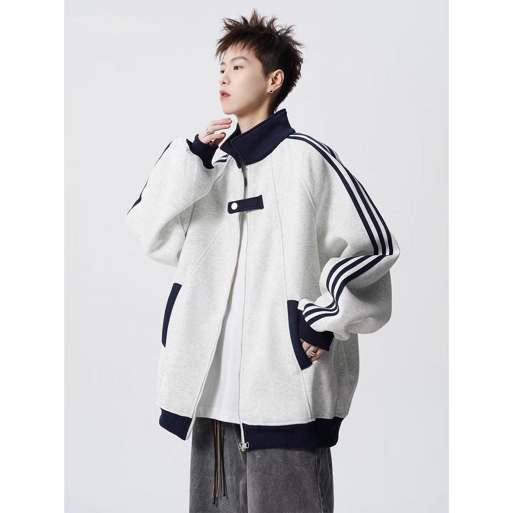 Unisex American Color Block Striped Hoodie, Heavyweight Baseball Jacket-Style Cardigan for Spring/Autumn