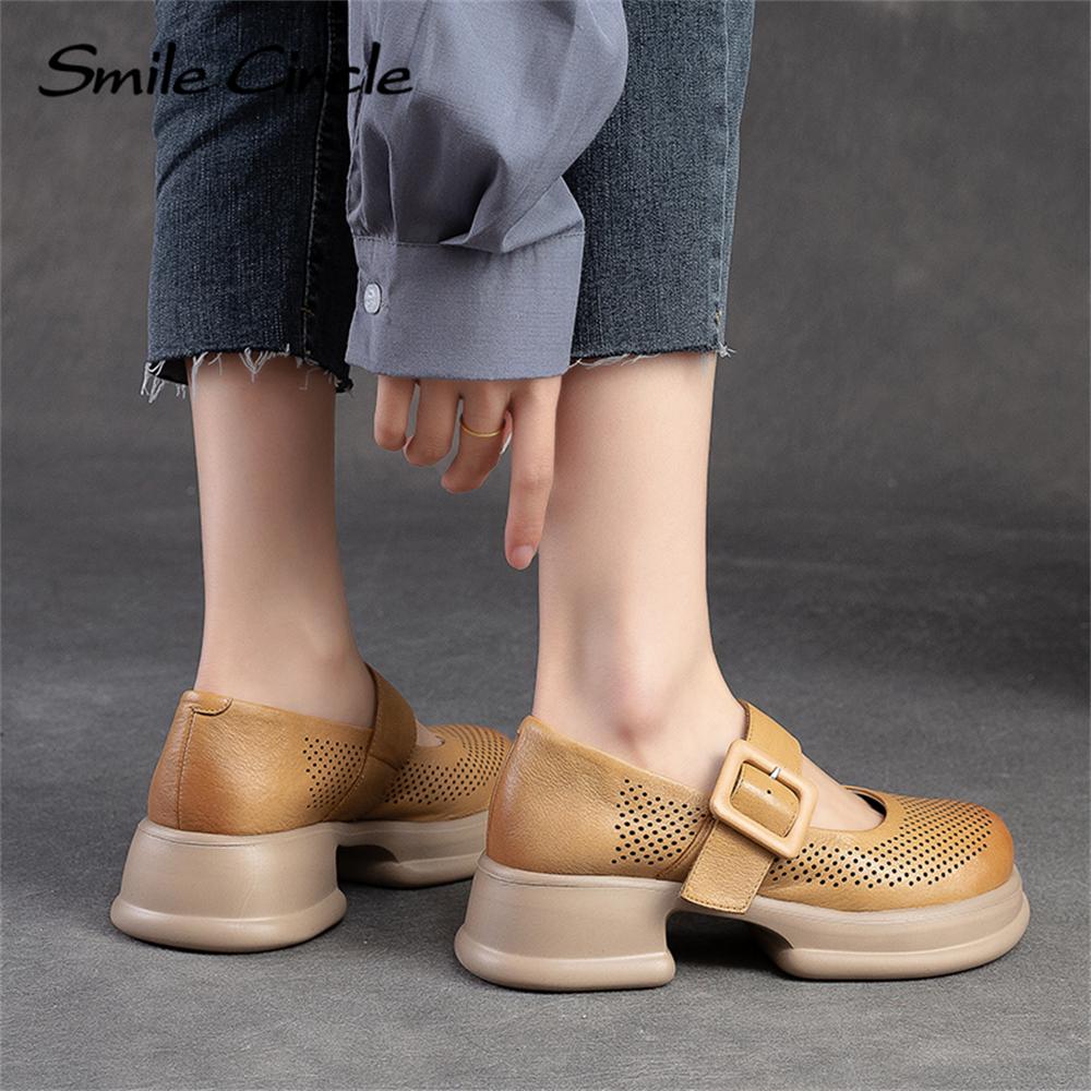 Женские сандалии Мэри Джейн из натуральной кожи, туфли на плоской подошве с круглым носком, модная женская повседневная обувь с пряжкой