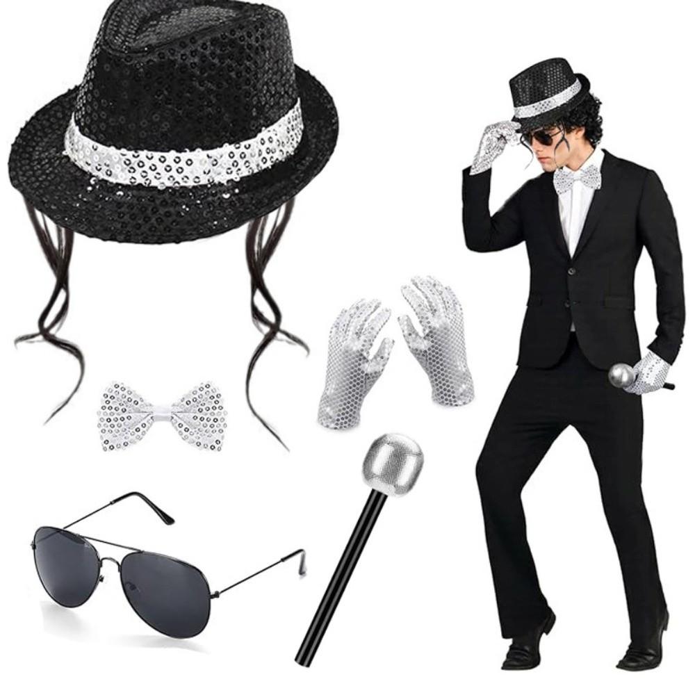 Rhinestone Gloves Costume Accessories Set Sequin Fedora Hat Halloween Costume 80s Theme Party