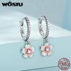 Vintage Flower Crystal Hoop Earrings Women 925 Sterling Silve Pink Cherry Blossoms Drop Earring Wedding Statement Earrings