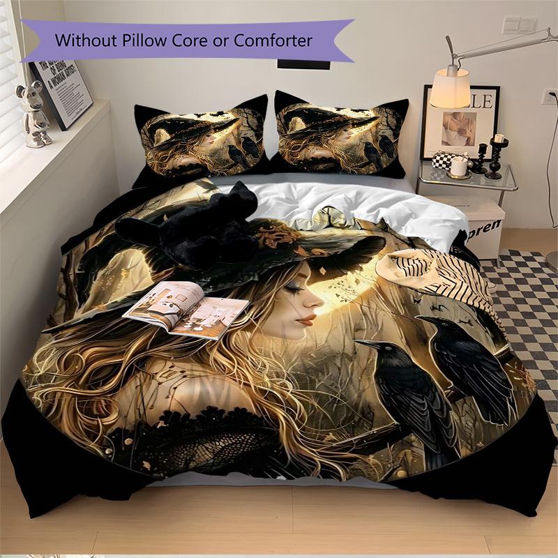 3pcs Witch's Moonlit Journey Bedding Set - Includes Quilt Cover and Pillowcases, Suitable for All Seasons J094