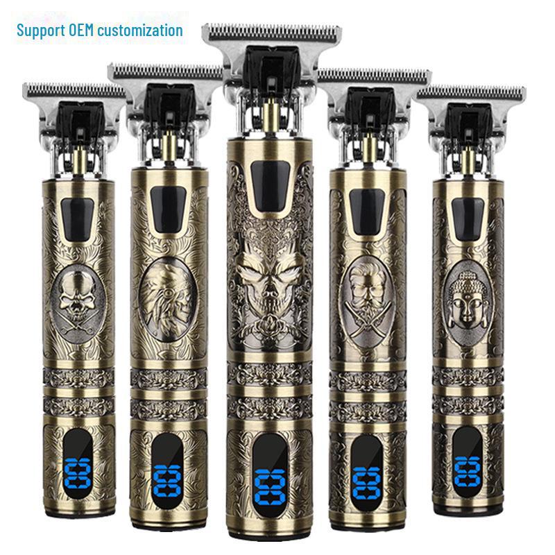 Электрическая машинка для стрижки волос Retro T9 с ЖК-дисплеем, зарядкой через USB, дизайном в виде головы Будды, системой укладки Oil Head и технологией Power Push.