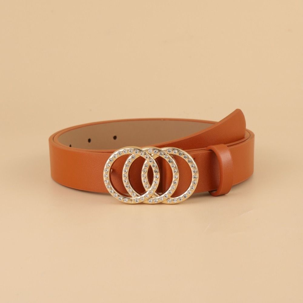 Luxury Design Rhinestone Slide Buckle Belt with Three Ring Thin Waist Strap Leather Belt  For Women