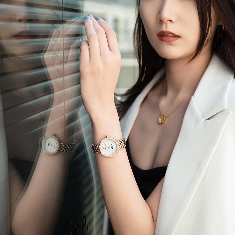 Emporio Armani Quartz Watch Stainless Steel Strap 32Mm White Dial Fashion Rose Gold Small Round Ladies Luxury Moon Phase Mother Of Pearl Dial AR11462