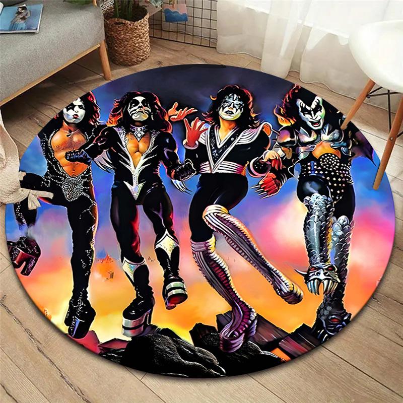 1Pc Kiss Band Rock Legends Print Round Rug Nonslip Floor Mat For Living Room Bedroom Bathroom Holiday Home Decoration