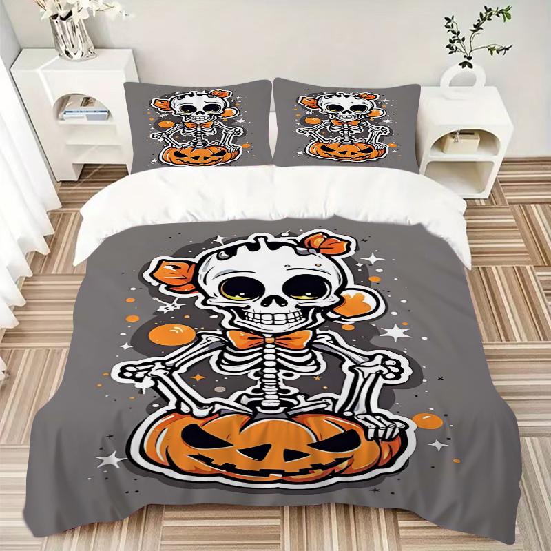 3pcs Pumpkin Skeleton Bedding Set - 1 Soft Quilt Cover + 2 Pillowcases, Machine Washable - Suitable for All Seasons, Perfect Gift for Family