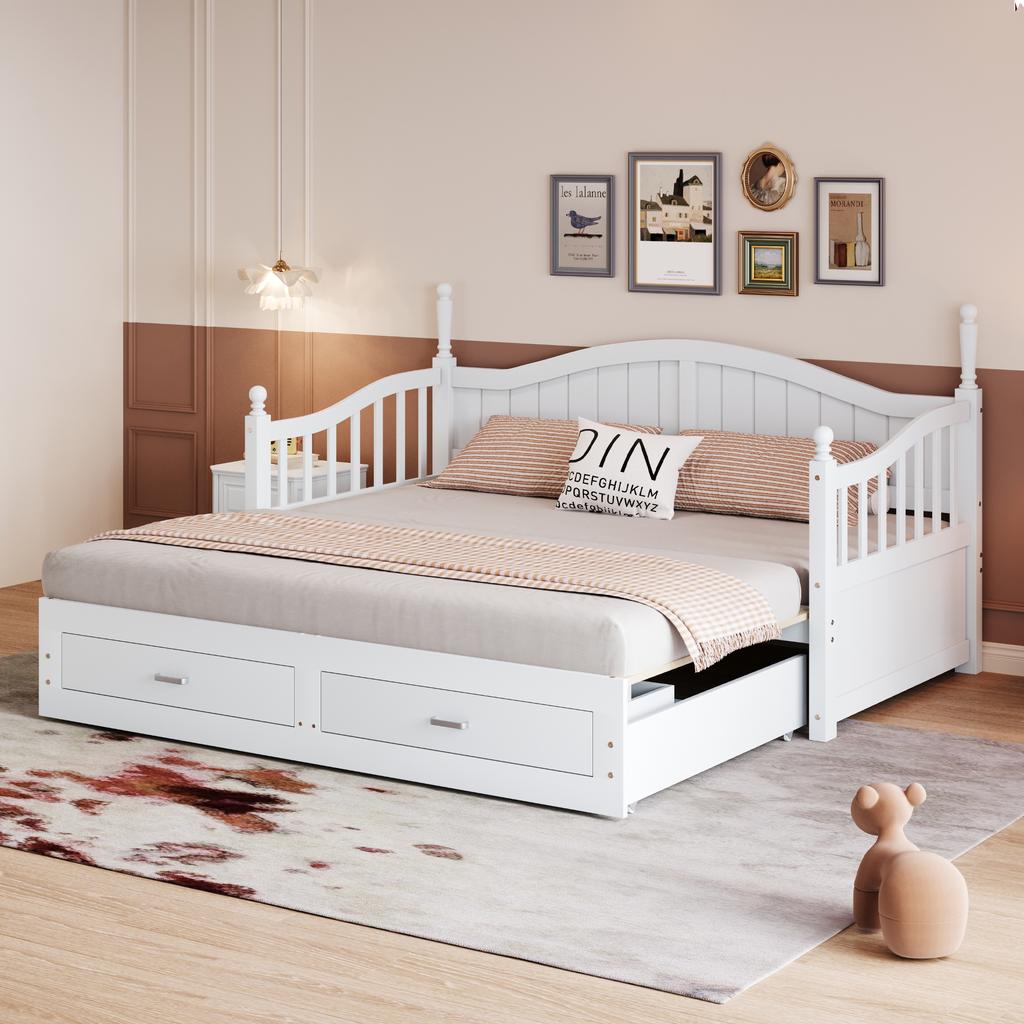 Extendable Sofa Bed 90/180*190 cm, with Roman Columns, Curved Backrest and Armrests, Drawers and Slatted Frame, Pine Wood, White