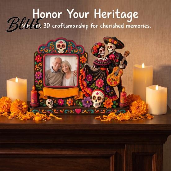 Мексиканское народное искусство Подарок День Мертвых Деревянная фоторамка Dia De Los Muertos Фото Аутентичный стиль Декор Красочная пара скелетов Настольный