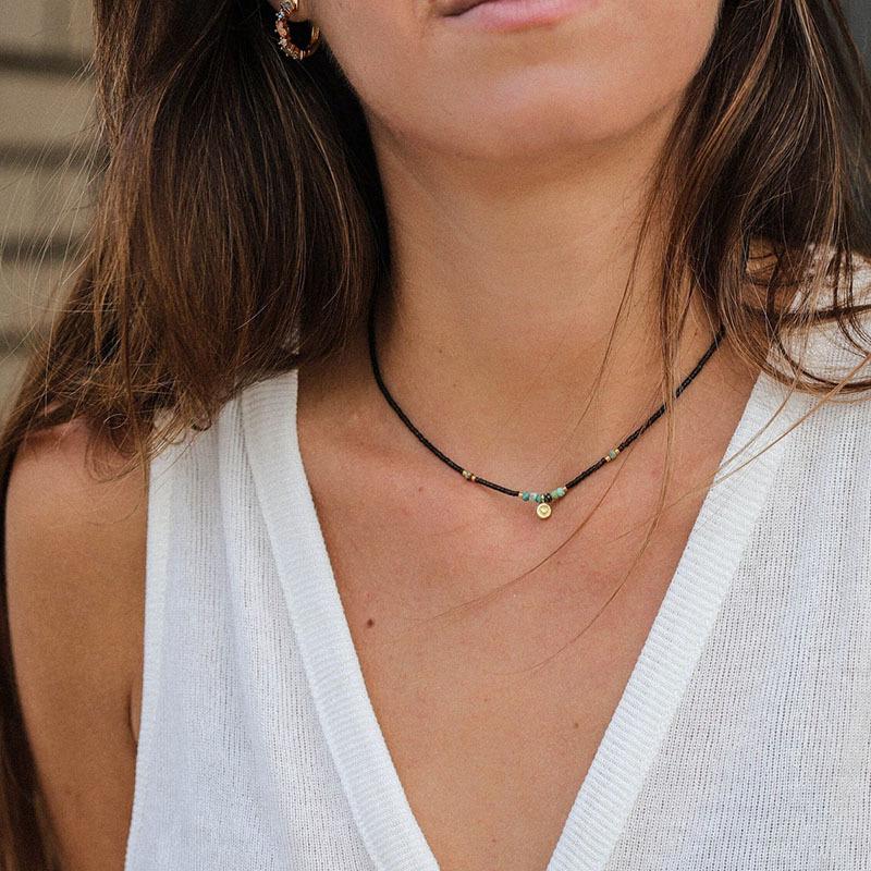 Французская ниша романтический простой ретро литературный черный шпинель бирюзовый бисер любовь круглый бренд ожерелье ключица цепочка женский