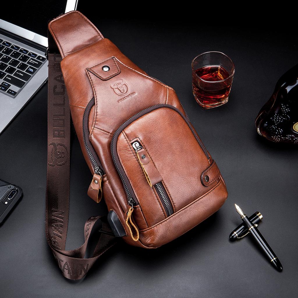 Men Leather Sling Bag Casual Shoulder Chest Crossbody Bag Hiking Travel Daypack with USB Charging