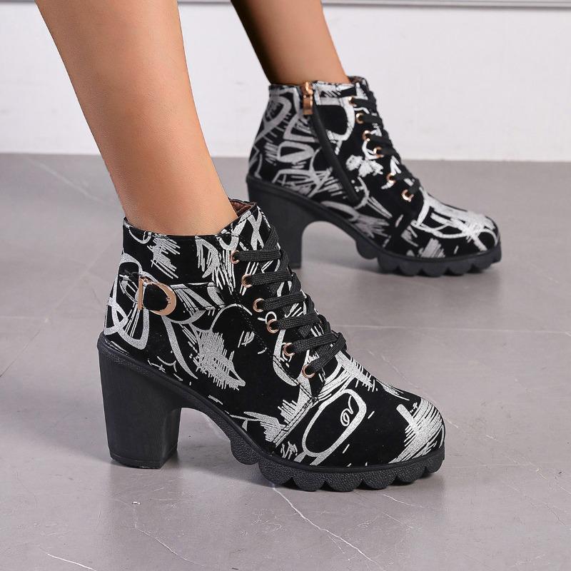 Fashion 2024 New Fashion Round Toe Women's Boots, Versatile Spring and Autumn Mid-calf Side Zipper Printed Comfortable Women's Boots