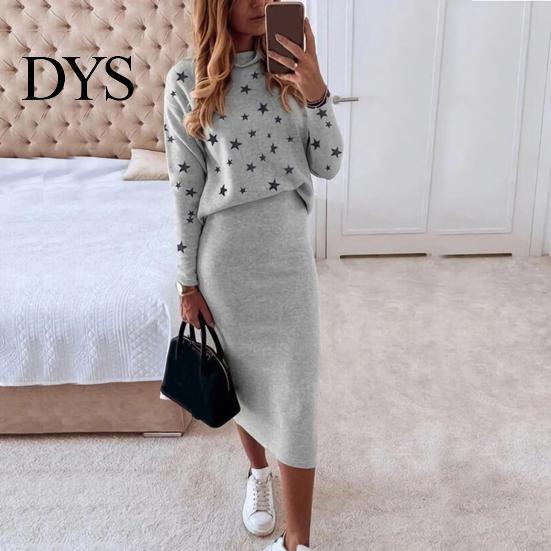 Blouse Skirt 1 Set Five-pointed Star Print High Waist Suit Autumn Winter Bodycon Pencil for Daily Wear