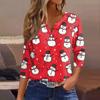 Женская футболка с рождественским принтом, на пуговицах, рукав 3/4, повседневная мода на выходные, базовый топ с V-образным вырезом