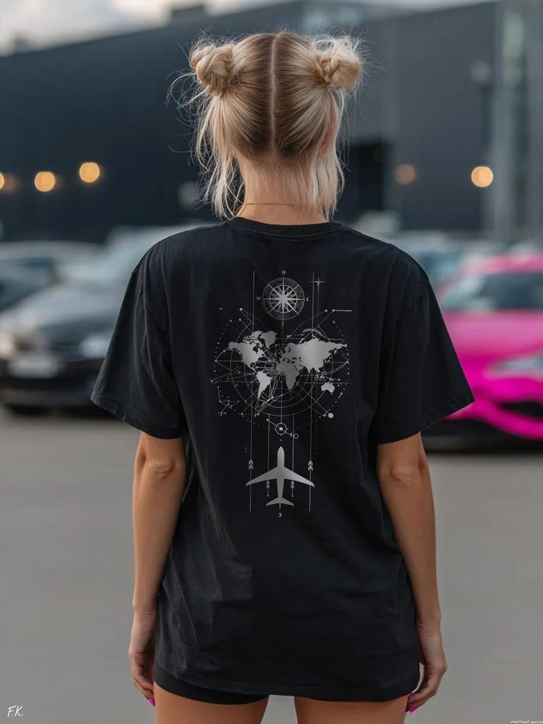 Oversized T-Shirt with World Map Print with Compass and Airplane