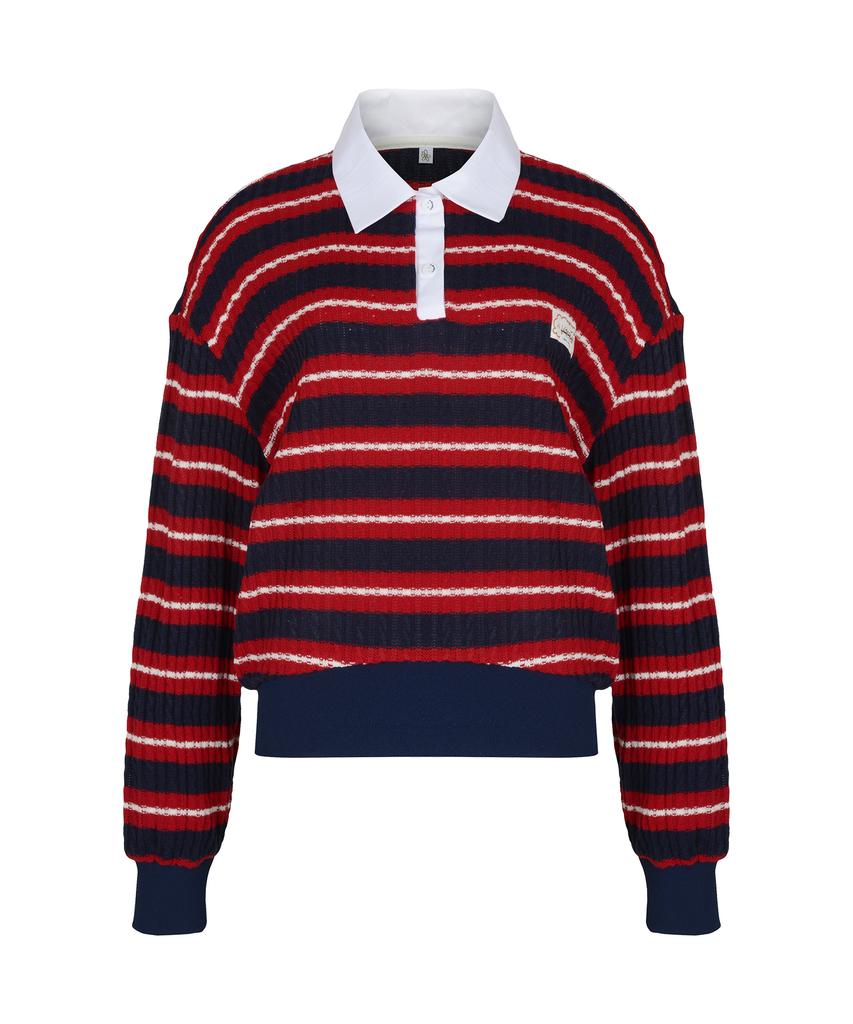 KANDINI Red Blossom Striped Knit Polo Shirt