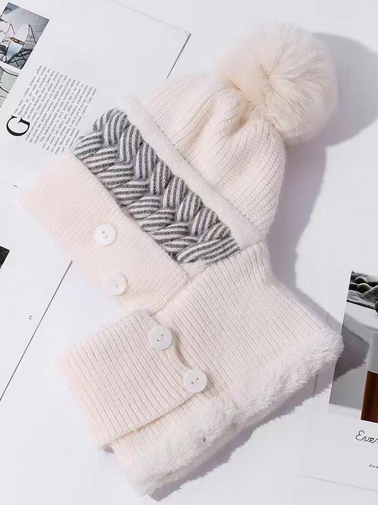 Hat, Scarf, One-Piece Set, Women'S Winter Knitted Hat, Velvet Warm Scarf, Winter Cold-Proof Ear Protection Wool Hat