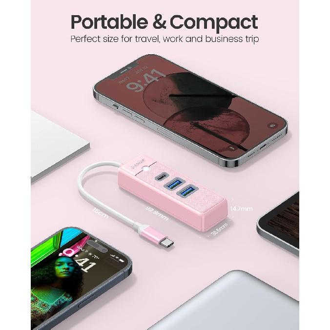 ORICO USB C Hub Adapter, 3 Ports (2 USB A/1 Type C) Docking Station with 15cm Cable, Compatible with Laptop Phone Tablet, Pink