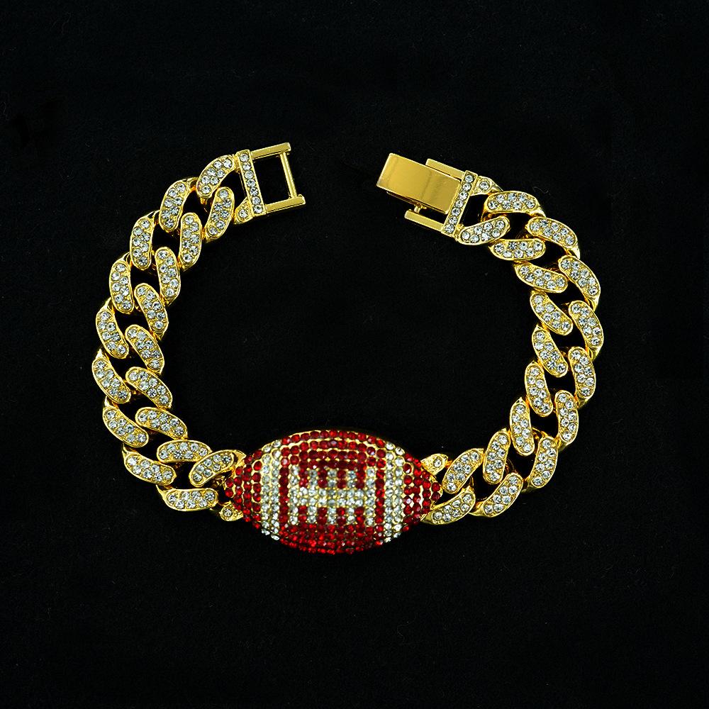 Red Football Full Diamond Cuban Bracelet, Personalized Men's Hip-hop Bracelet.
