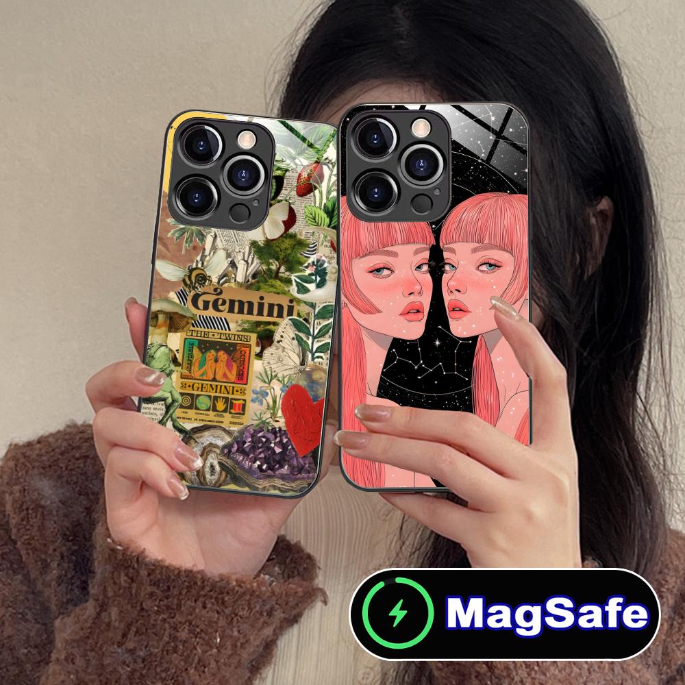 Чехол для мобильного телефона со знаком зодиака Близнецы для iPhone 17 16 15 14 13 12 11 Air Pro Max Plus Mini MagSafe Стеклянный Цветной Чехол Красивый