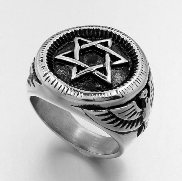 Men and Women Couple Titanium Stainless Steel Ring Six-pointed Star Eagle Head Hand Accessories Jewelry