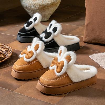 Осенне-зимние хлопковые тапочки с бантом и кроликом, на толстой подошве, нескользящие, вельветовые, на толстой подошве, милая теплая обувь