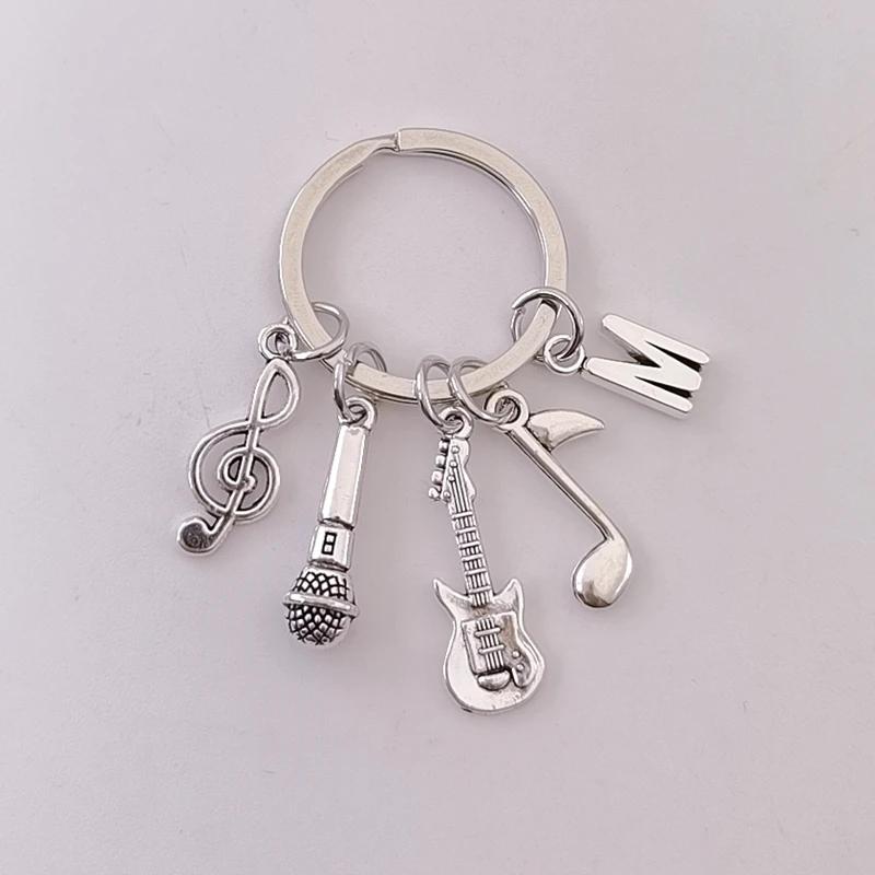 26 Letters Music Keychain Music Note Guitar Pendant Key Chain Microphone Keyring Creative Jewelry Gifts