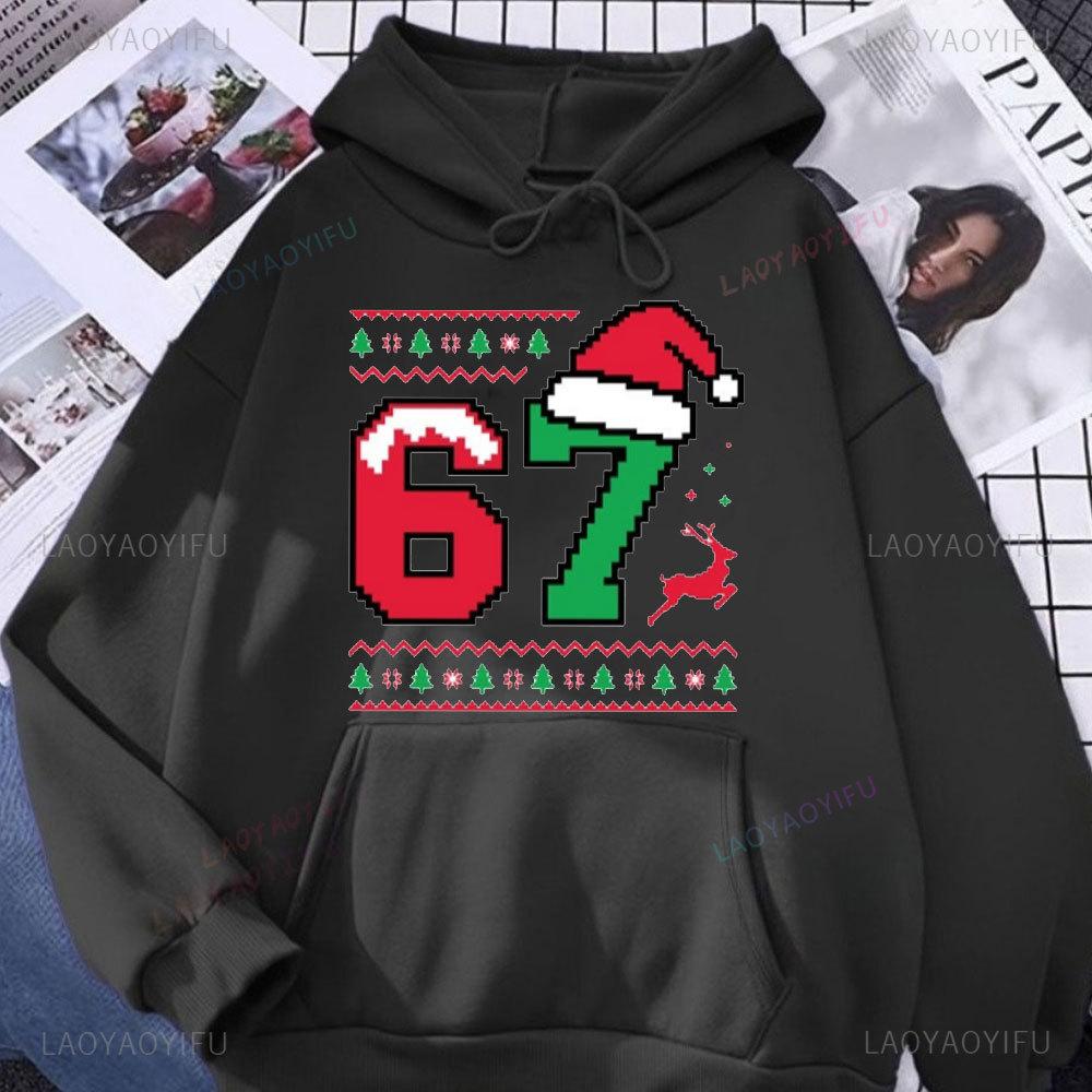 Christmas 67 Hoodie Cute Sweater Number 67 Design Women Hoodie Retro Pixel Xmas Hoodie Funny Santa Hat Six Seven Pullover