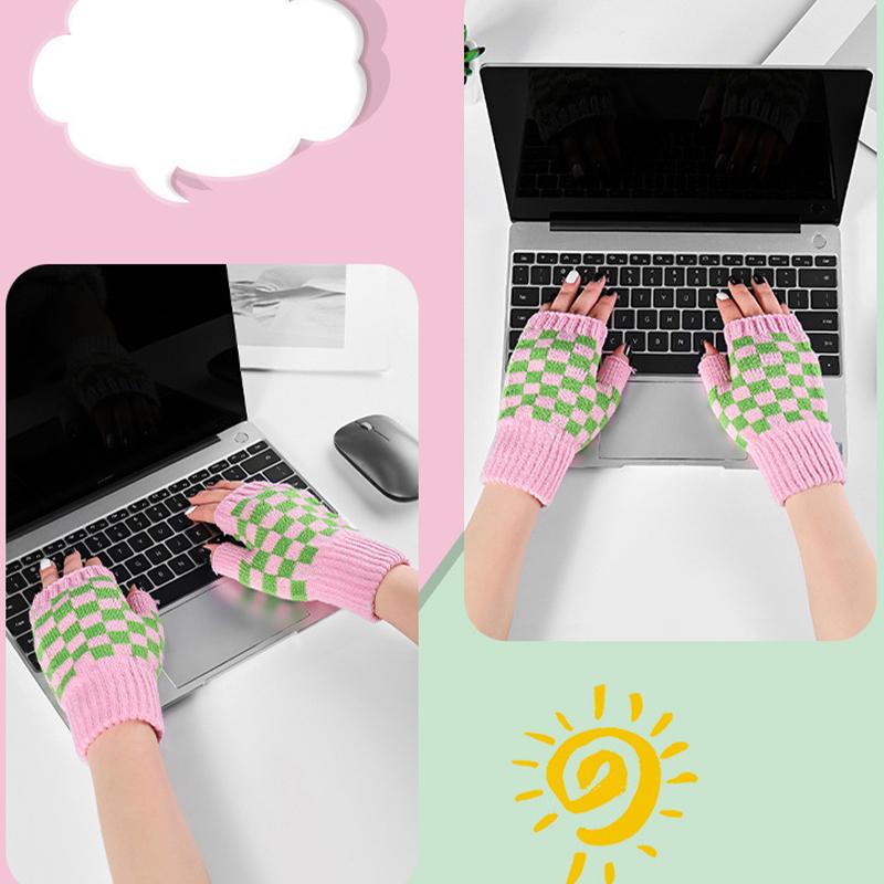 Теплые перчатки трикотажные клетчатые морозостойкие перчатки с половиной пальца для женщин зимние