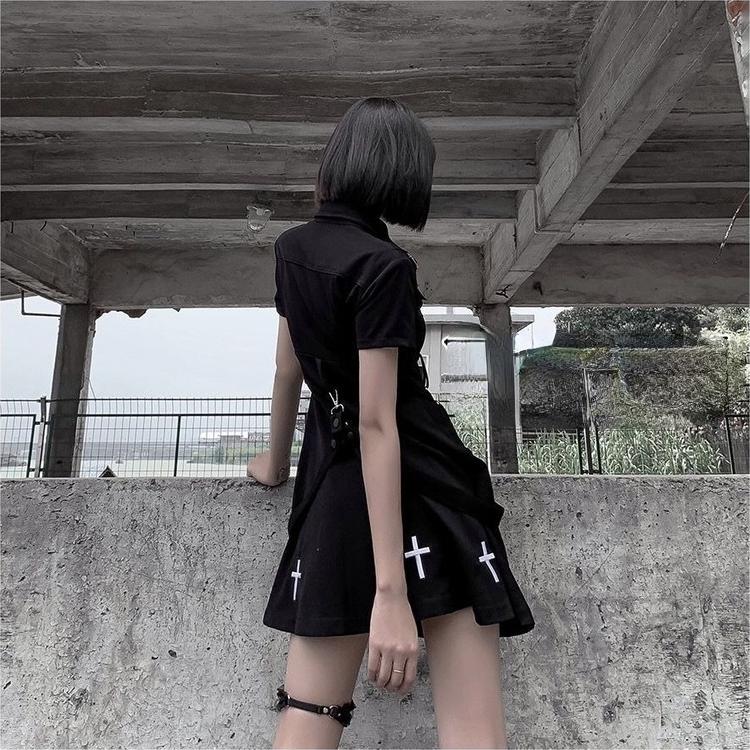 Готическое платье, сексуальная мини-юбка для женщин, черное мини-платье в стиле Харадзюку с воротником-поло, корейская уличная одежда, женское платье большого размера