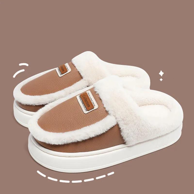 Зимние женские домашние тапочки, модные кожаные плюшевые тапочки на платформе с шитьем, домашняя хлопковая обувь, флисовые теплые домашние тапочки