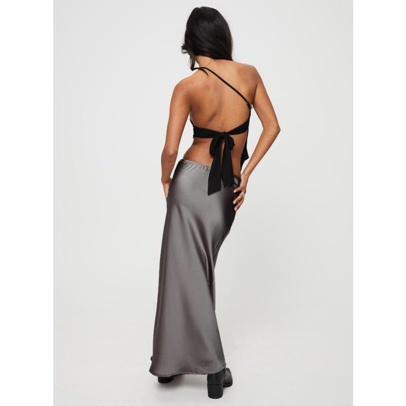 Satin High Waist Drawstring Tie Solid Color Halter Skirt