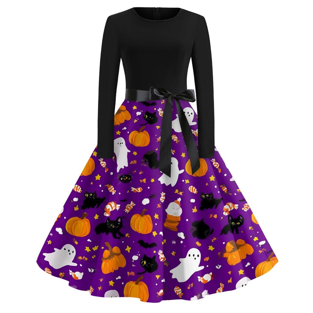 Women's Casual Long Sleeve Round Neck Dress Vintage Style Halloween Print Skater Dress with Waist Tie Belt Retro Swing Midi Dress