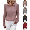 V Neck Turn-Down Collar Long Sleeve Knitted Sweater Autumn Winter Solid Color Slim Sweater Jumper Female Clothing