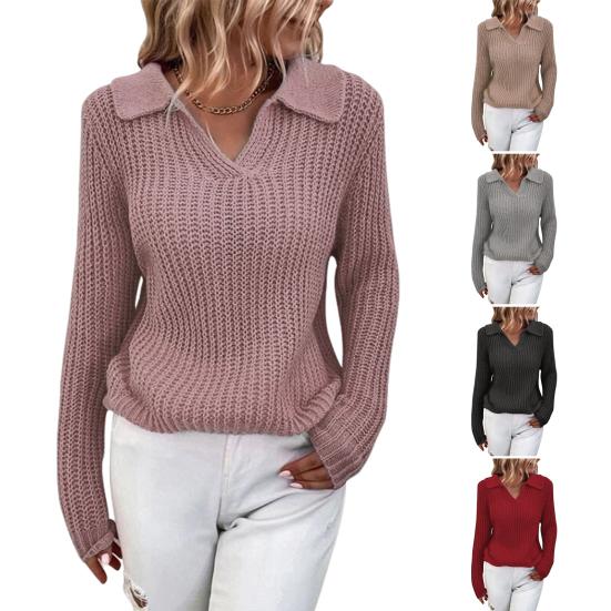 V Neck Turn-Down Collar Long Sleeve Knitted Sweater Autumn Winter Solid Color Slim Sweater Jumper Female Clothing