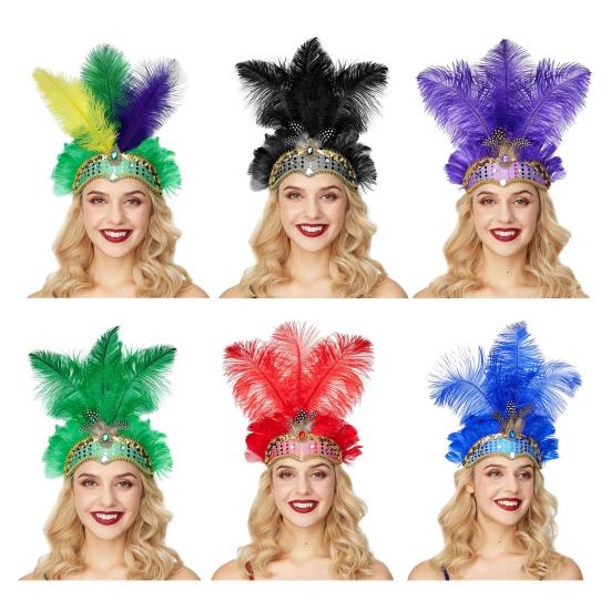 Feather Headpiece Hair Band with Rhinestones Sequins Elastic Carnival Headdress Women Lightweight Festival Headdress