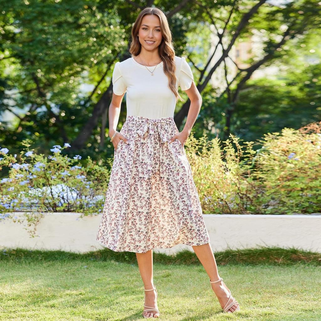 Женское повседневное платье миди с милым узором и круглым вырезом, классическое повседневное свободное платье с коротким рукавом