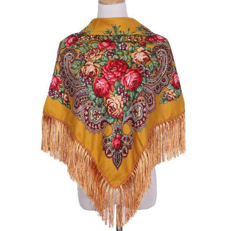 Retro Women's Tassel Shawl Floral Printed Cotton Vintage Lady Fringed Long Tassel