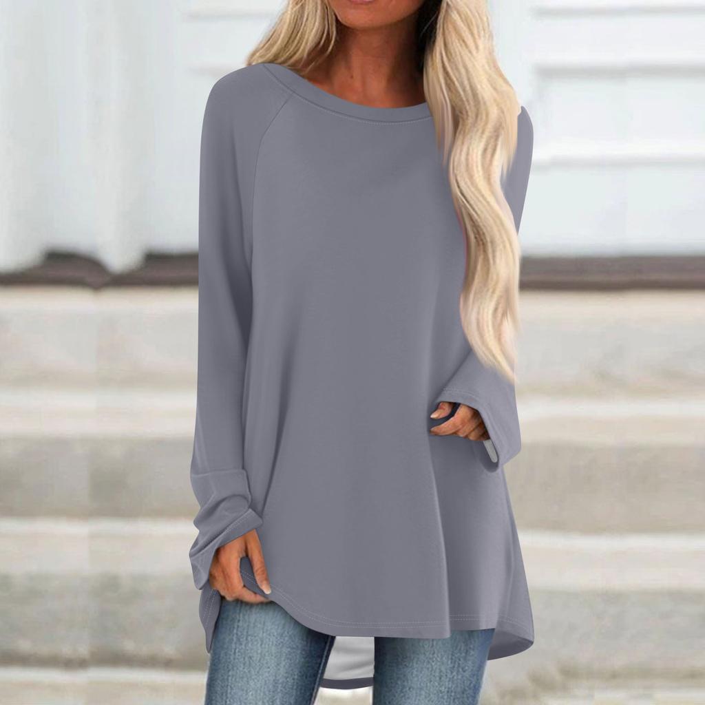 Women's Fashionable Loose Mid-length Round Neck Pullover Solid Color Raglan Sleeves Long-sleeved Casual Top