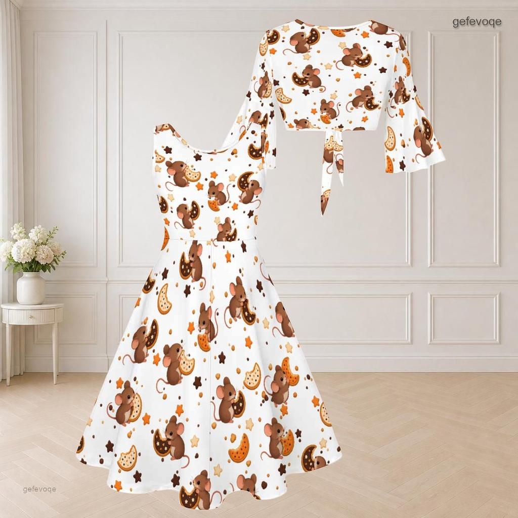 Women Plus Size Cute Mouse Cookie Print White V Neck Mid Sleeve Twist Front Midi Dress Set