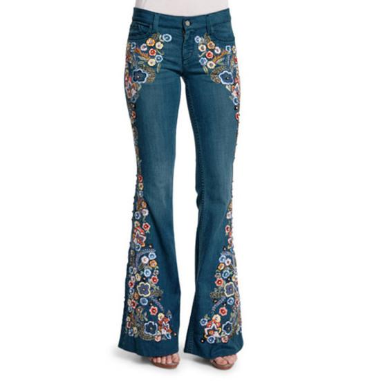 Yousheng Women Jeans Floral Embroidery Flared Leg Button Zipper Closure with Pockets Mid Waist Plus Size Long Trousers for Dating Daily Wear Commuting