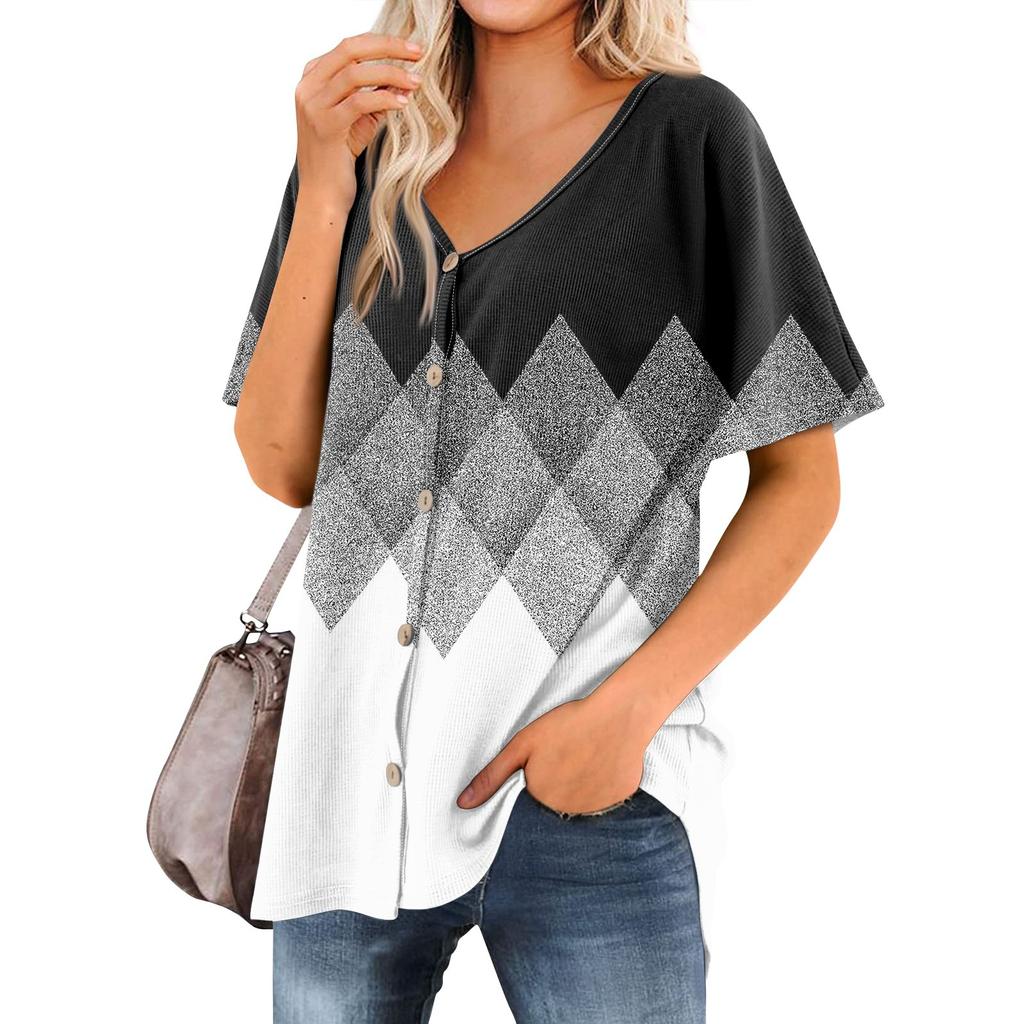 Женская футболка Футболка с принтом Женские рубашки V-образный вырез с короткими рукавами Туника на пуговицах Топы Блузка