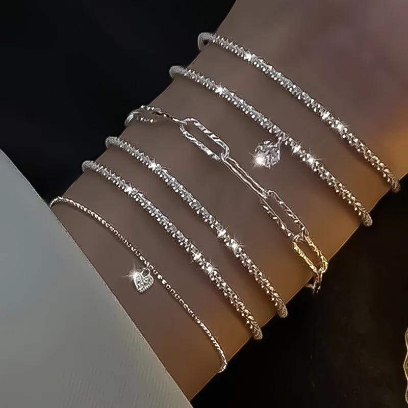 2/6PCS 925 Silver Link Chain Bracelet for Women Girls Luxury Sparkling Crystal Minimalist Daily Wear Jewelry Gift