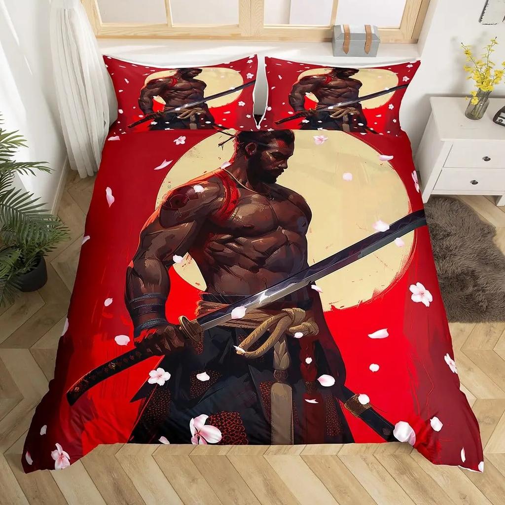 Японский самурайский постельный комплект Полный размер Пододеяльник с вишневыми цветами Красное солнце Хокусай Пододеяльник Фудзияма Покрывало