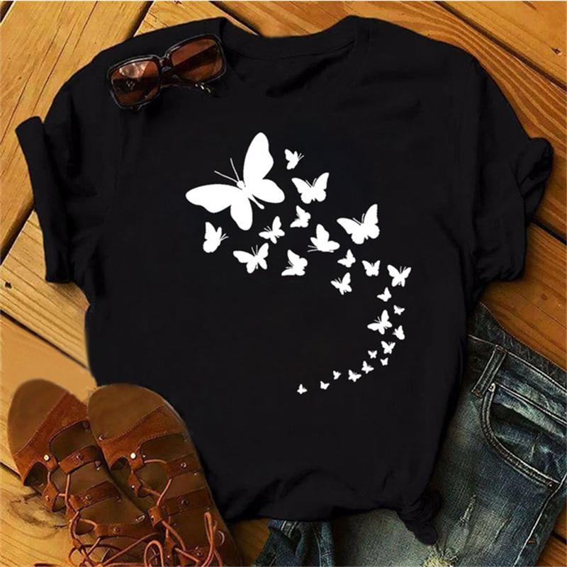 Maycaur Woman Star Moon Print Harajuku Летние футболки Повседневная футболка с круглым вырезом и коротким рукавом Женская черная футболка Прямая поставка