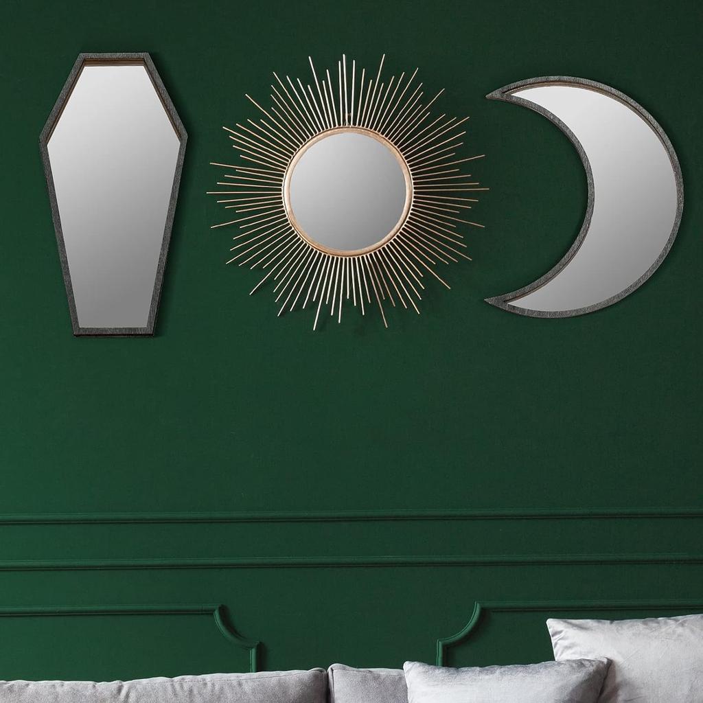 Marsui 2 Pieces Tiny Coffin Moon Mirror Cute Goth Room Decor Spooky Gothic Decorative Mirror Rustic Black Wall Decor Wall-Mounted for Halloween