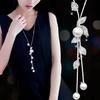 Women Faux Pearl Rhinestone Leaves Pendant Long Chain Necklace Jewelry Gift