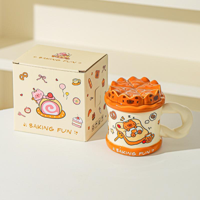 Нарисованная от руки кружка с милым котом «Торт на день рождения», офисная кружка для воды для высокой девушки с крышкой, домашняя парная керамическая кружка